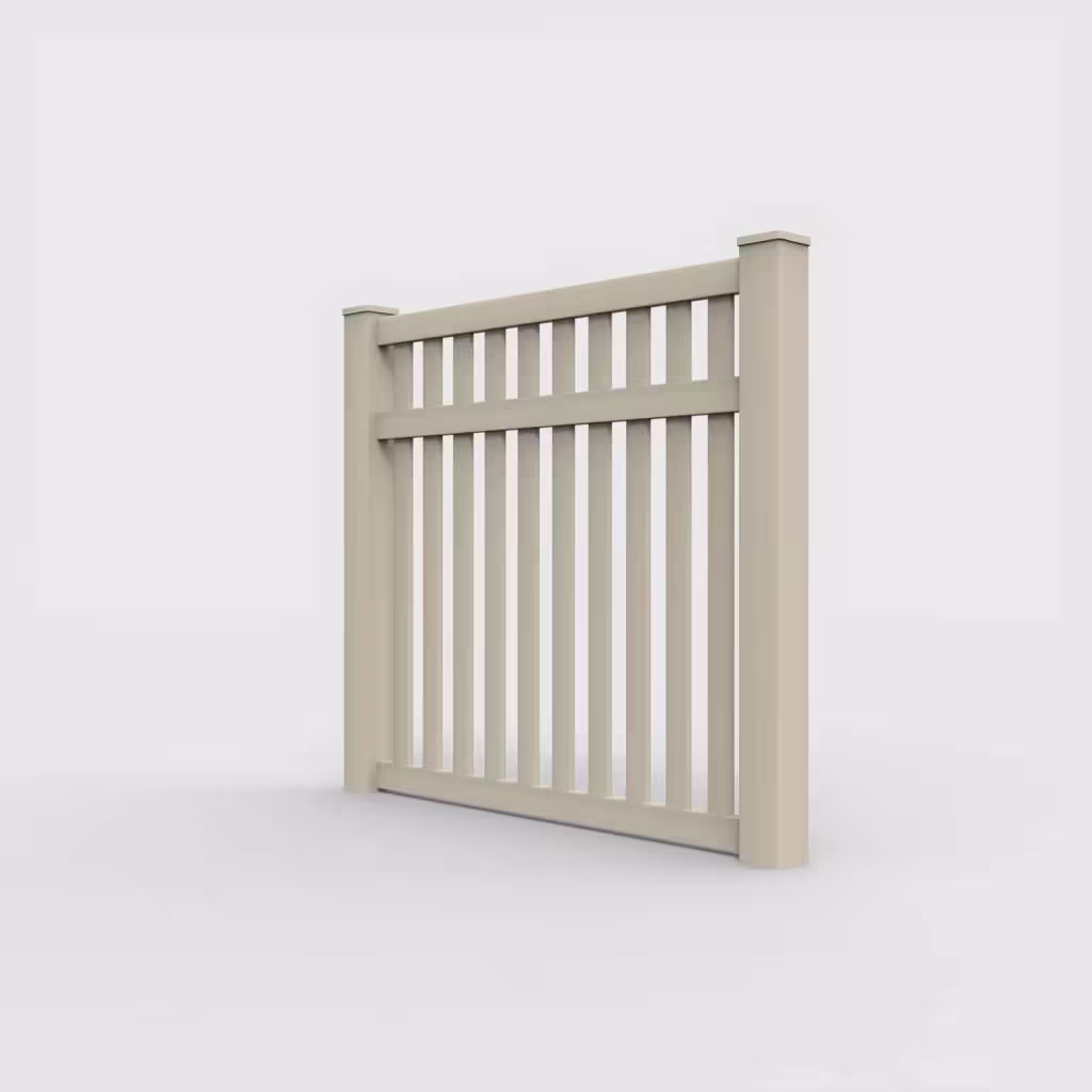 Tan vertical picket 5 ft fence, left-side view