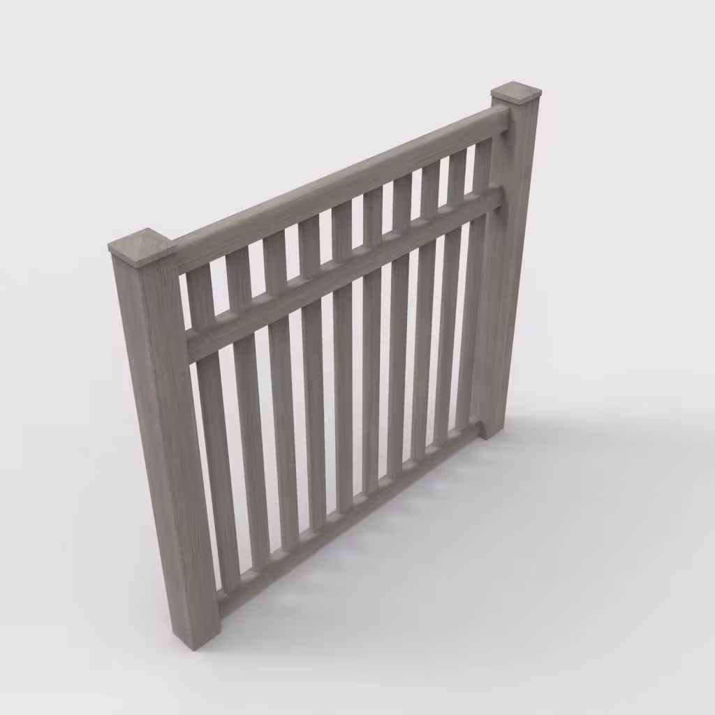 Weathered blend vertical picket 5 ft fence, isometric view