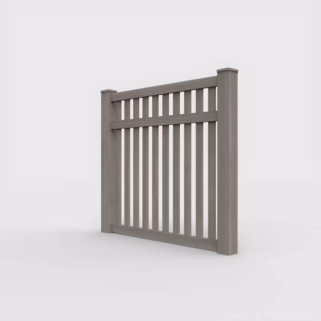 Weathered blend vertical picket 5 ft fence, left-side view