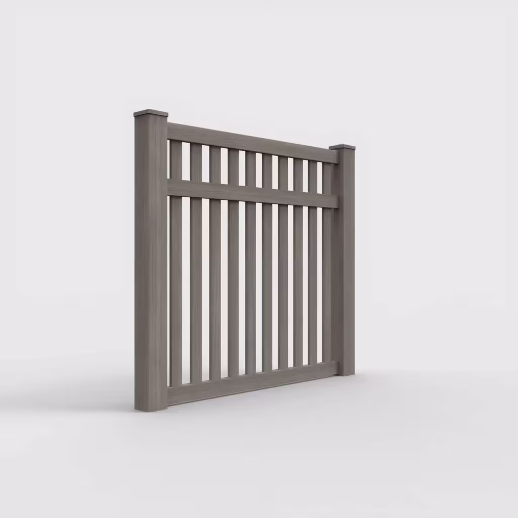 Weathered blend vertical picket 5 ft fence, right-side view