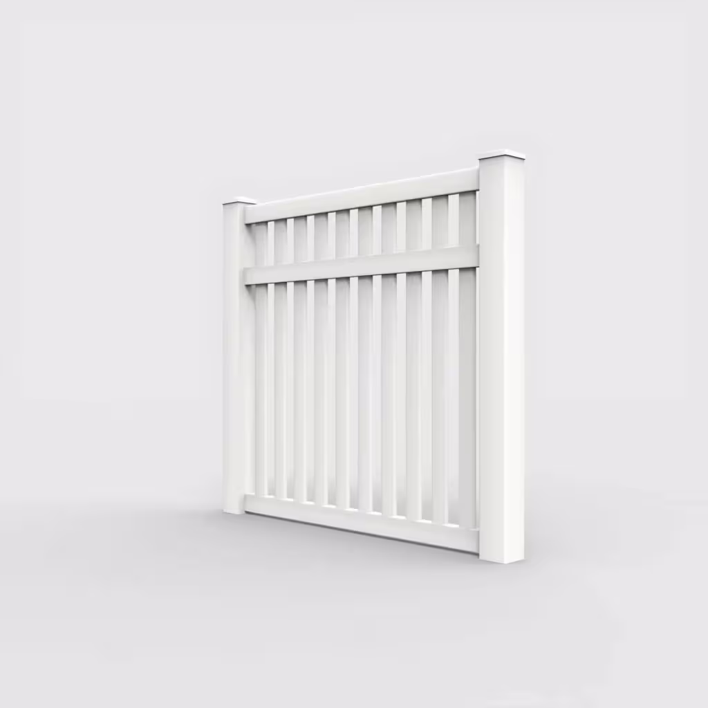 White vertical picket 5 ft fence, left-side view