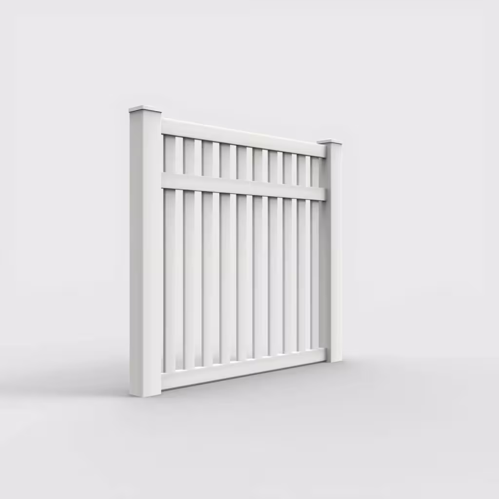 White vertical picket 5 ft fence, right-side view