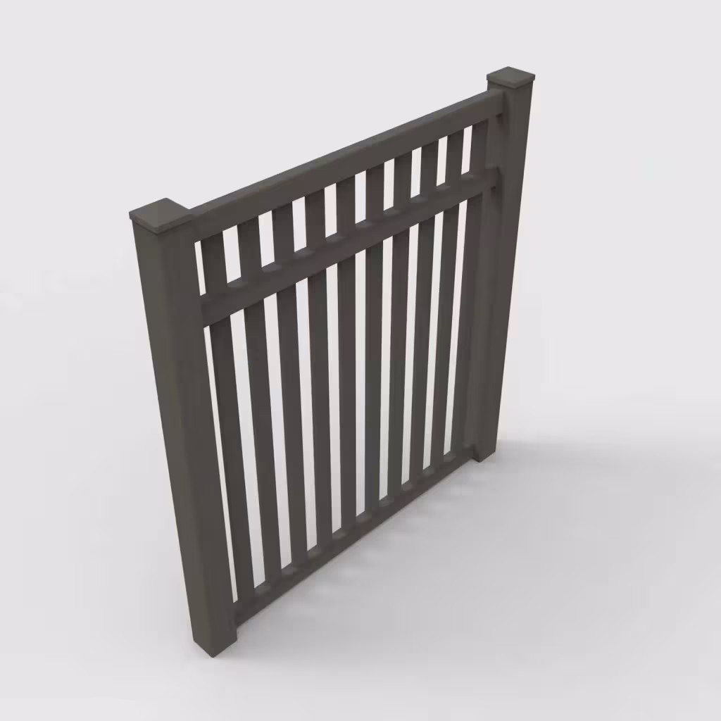 D. walnut vertical picket 6 ft fence, isometric view
