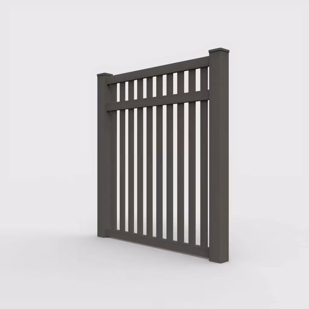 D. walnut vertical picket 6 ft fence, left-side view