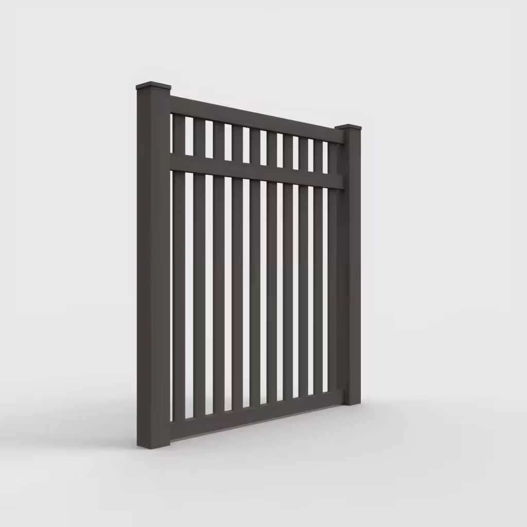 D. walnut vertical picket 6 ft fence, right-side view