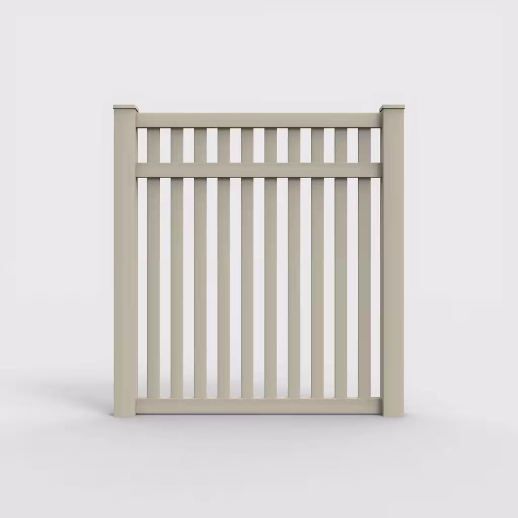 Tan vertical picket 6 ft fence, front view