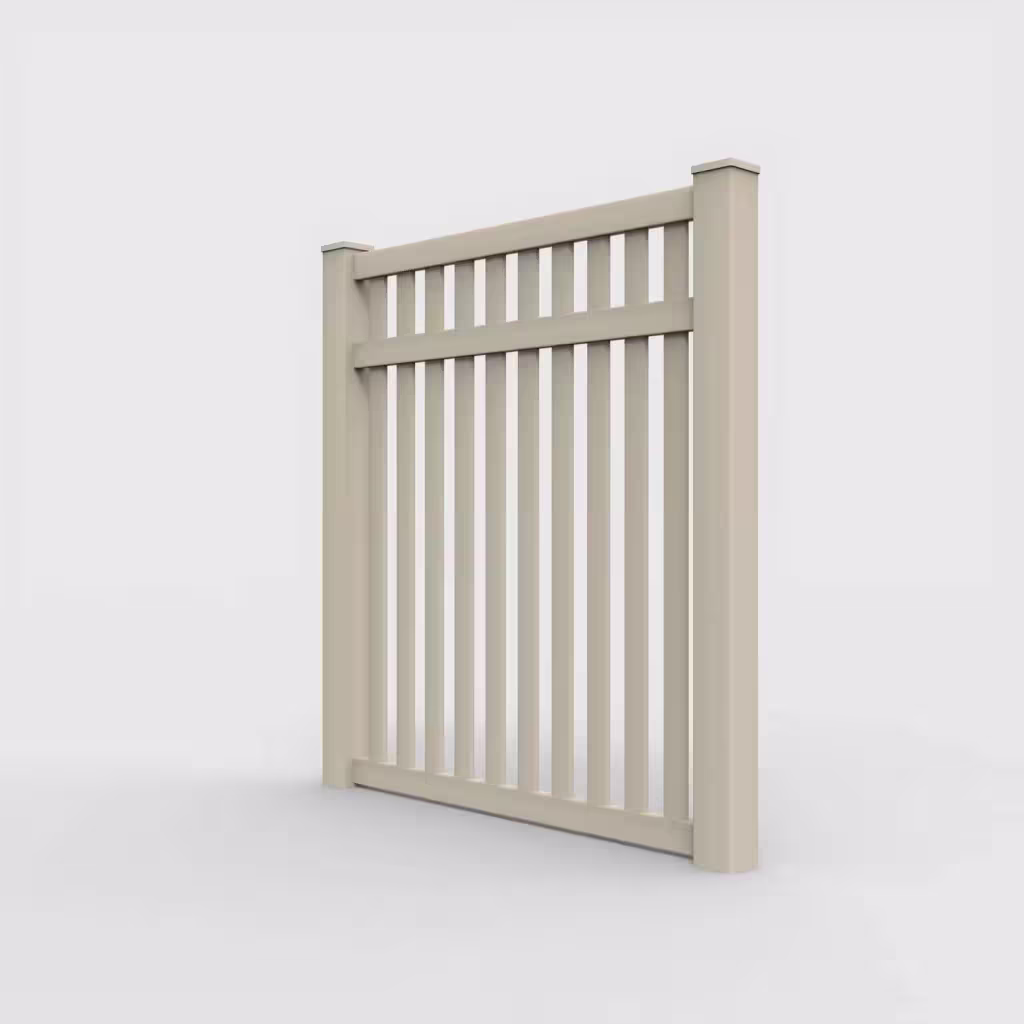 Tan vertical picket 6 ft fence, left-side view