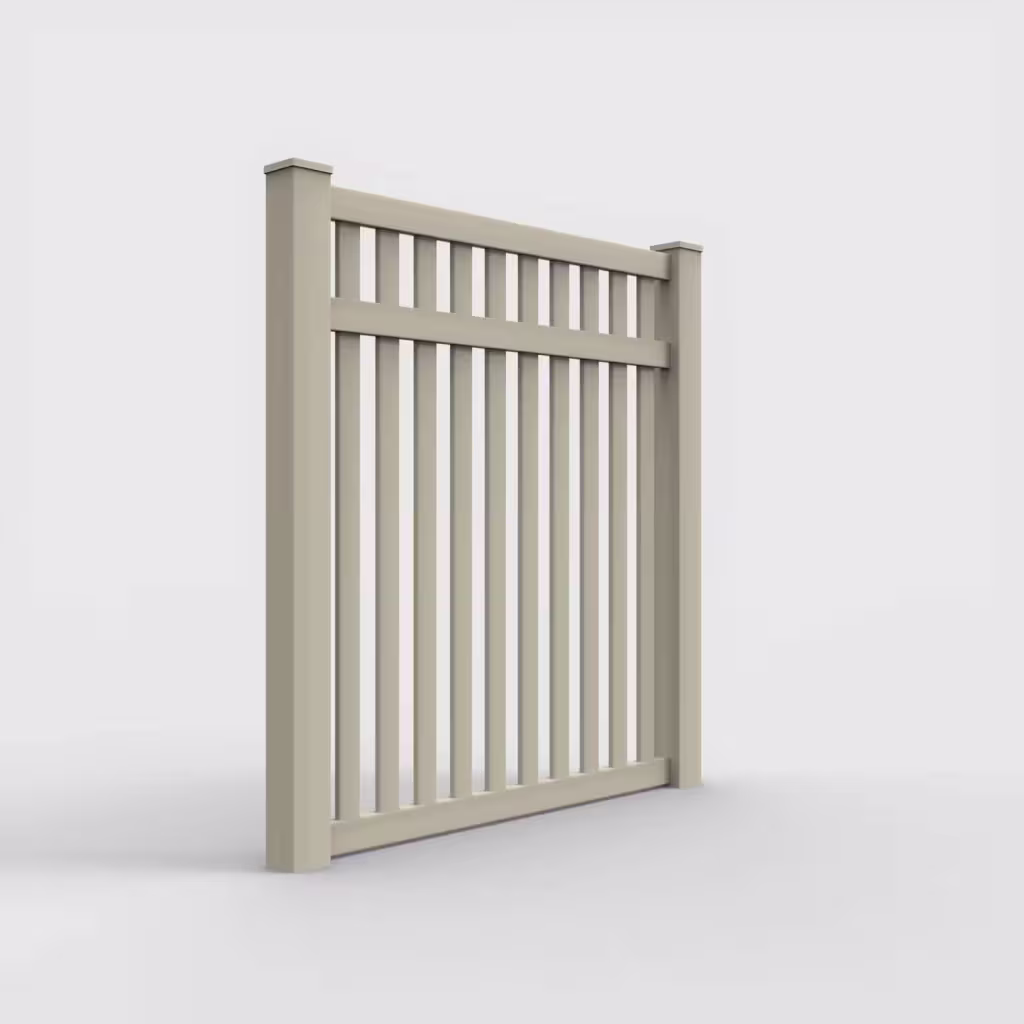 Tan vertical picket 6 ft fence, right-side view