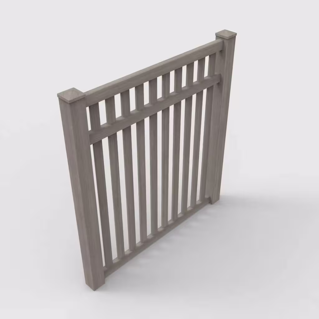 Weathered blend vertical picket 6 ft fence, isometric view