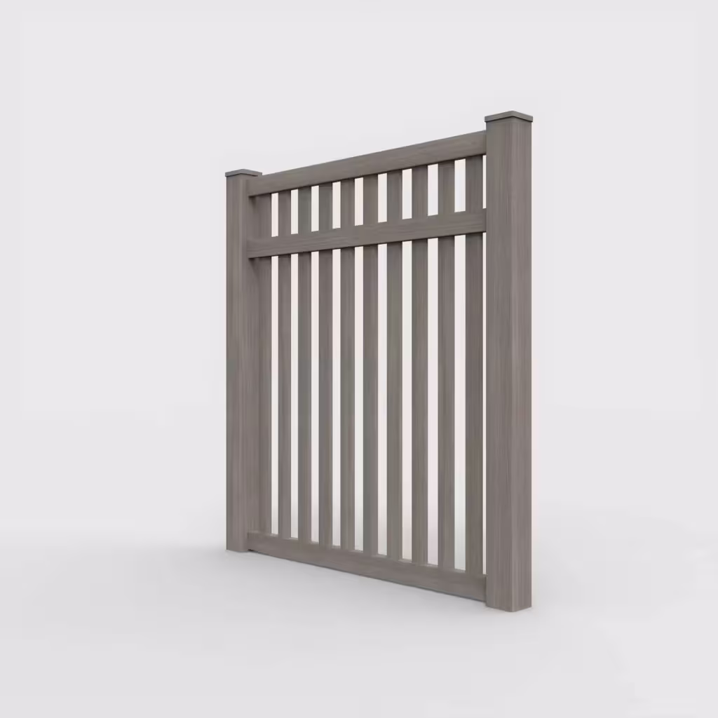 Weathered blend vertical picket 6 ft fence, left-side view