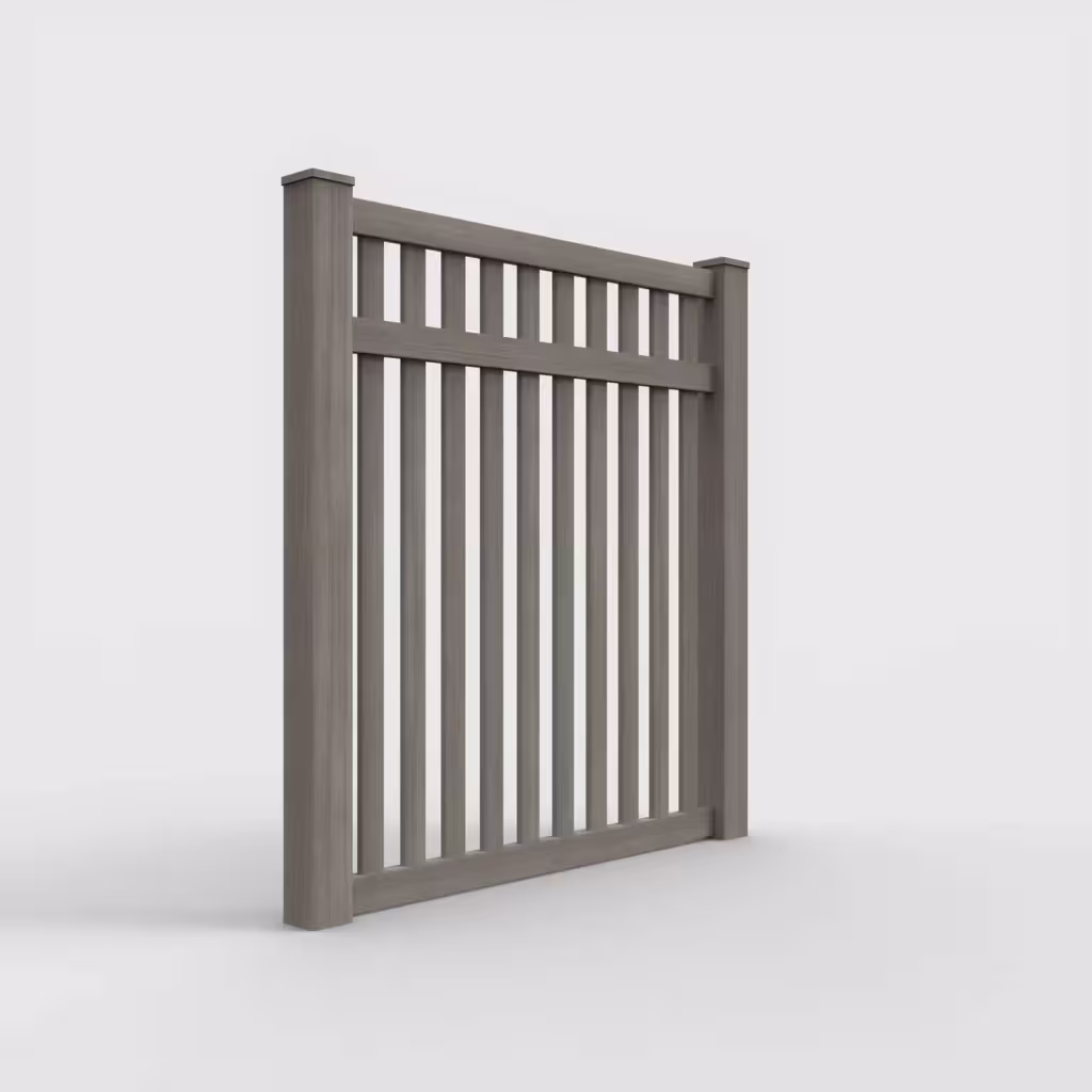 Weathered blend vertical picket 6 ft fence, right-side view