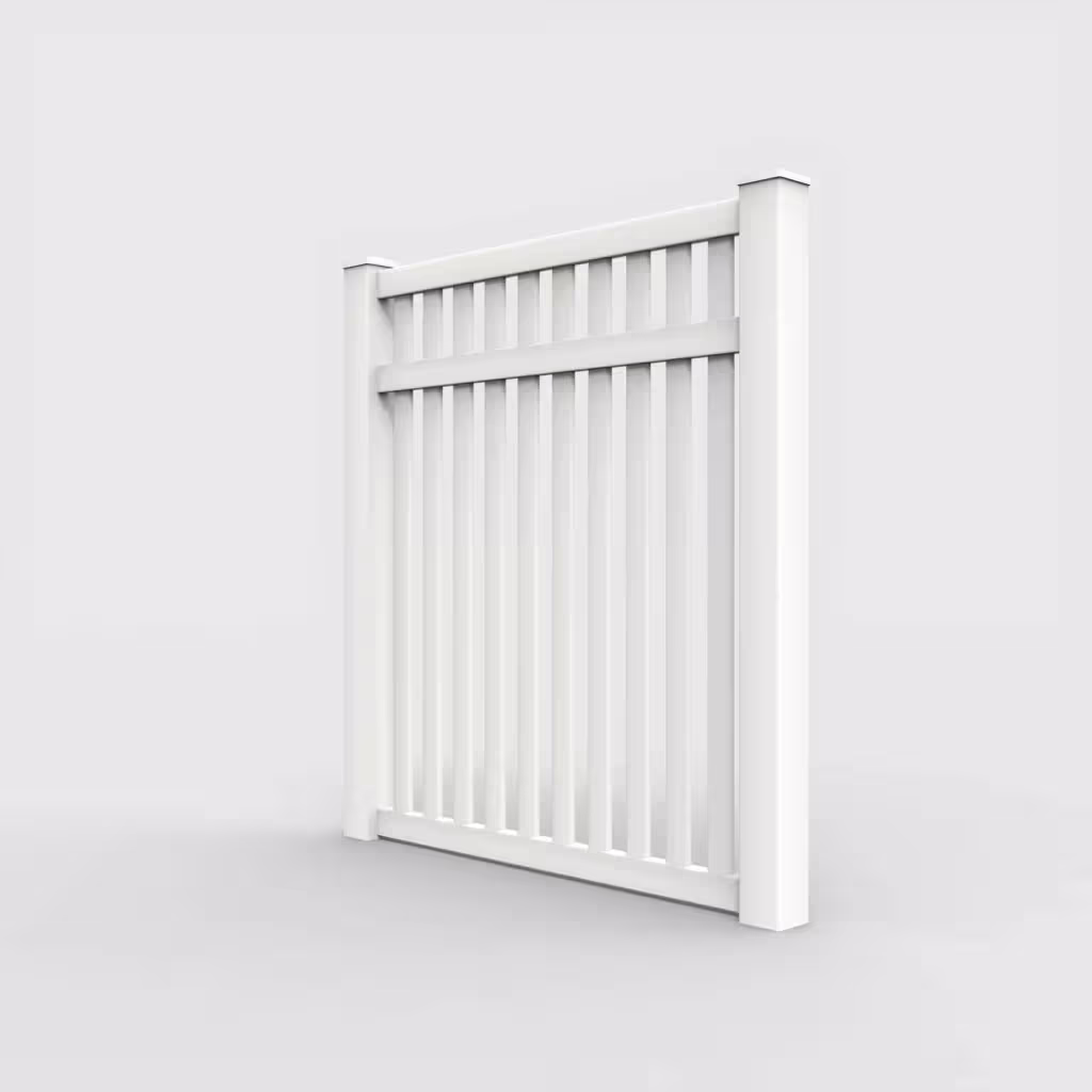White vertical picket 6 ft fence, left-side view
