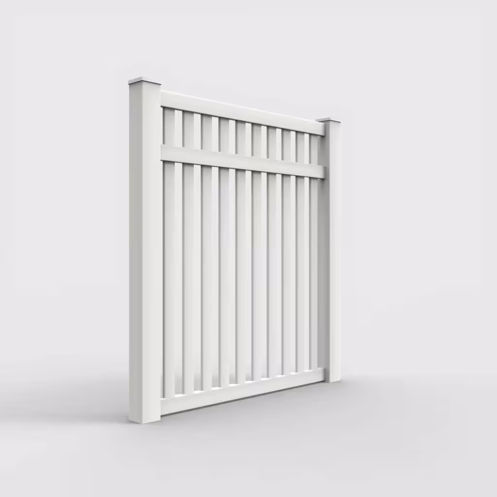 White vertical picket 6 ft fence, right-side view