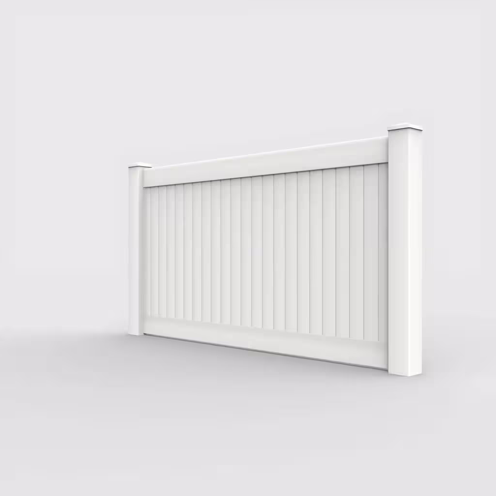 White vertical privacy 4 ft fence, left-side view