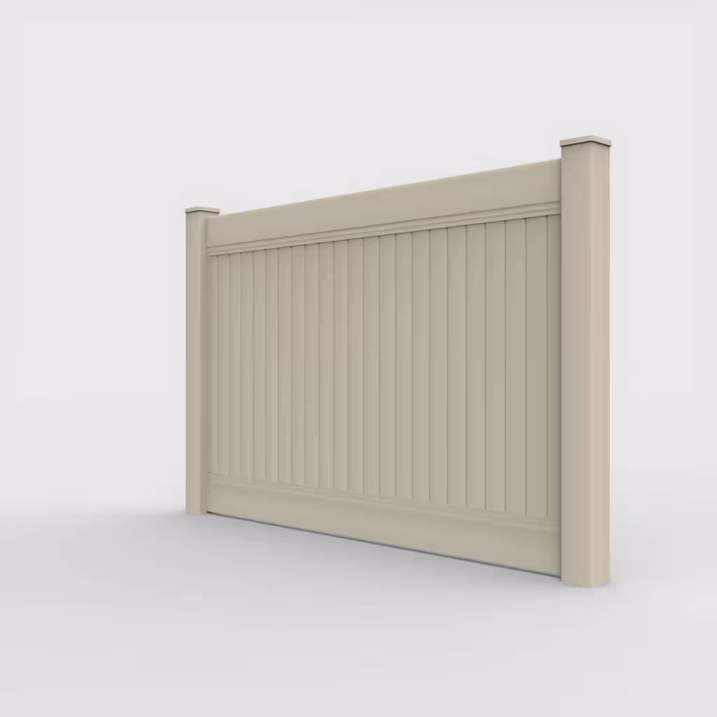 Tan vertical privacy 5 ft fence, left-side view