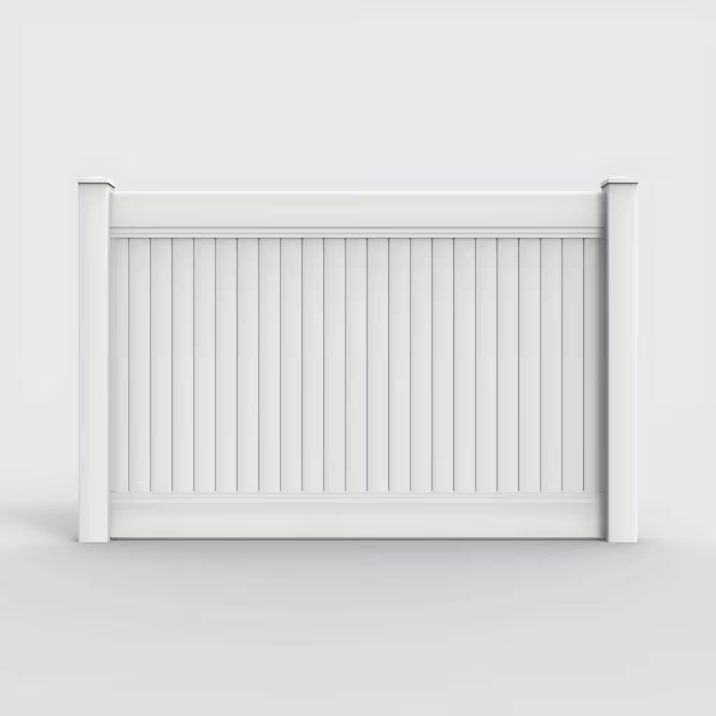 White vertical privacy 5 ft fence, front view