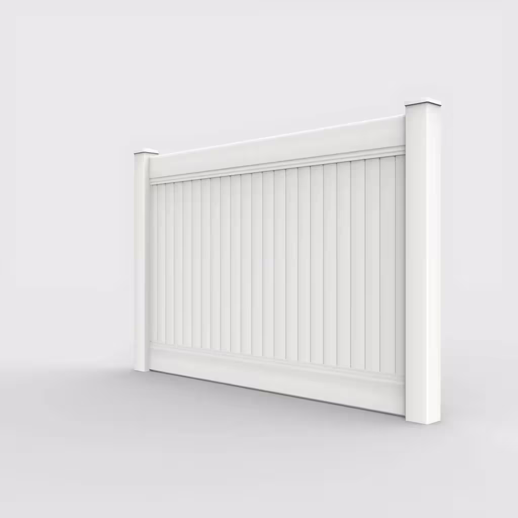White vertical privacy 5 ft fence, left-side view
