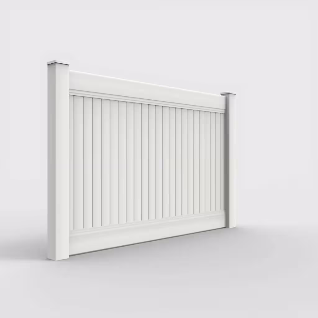 White vertical privacy 5 ft fence, right-side view