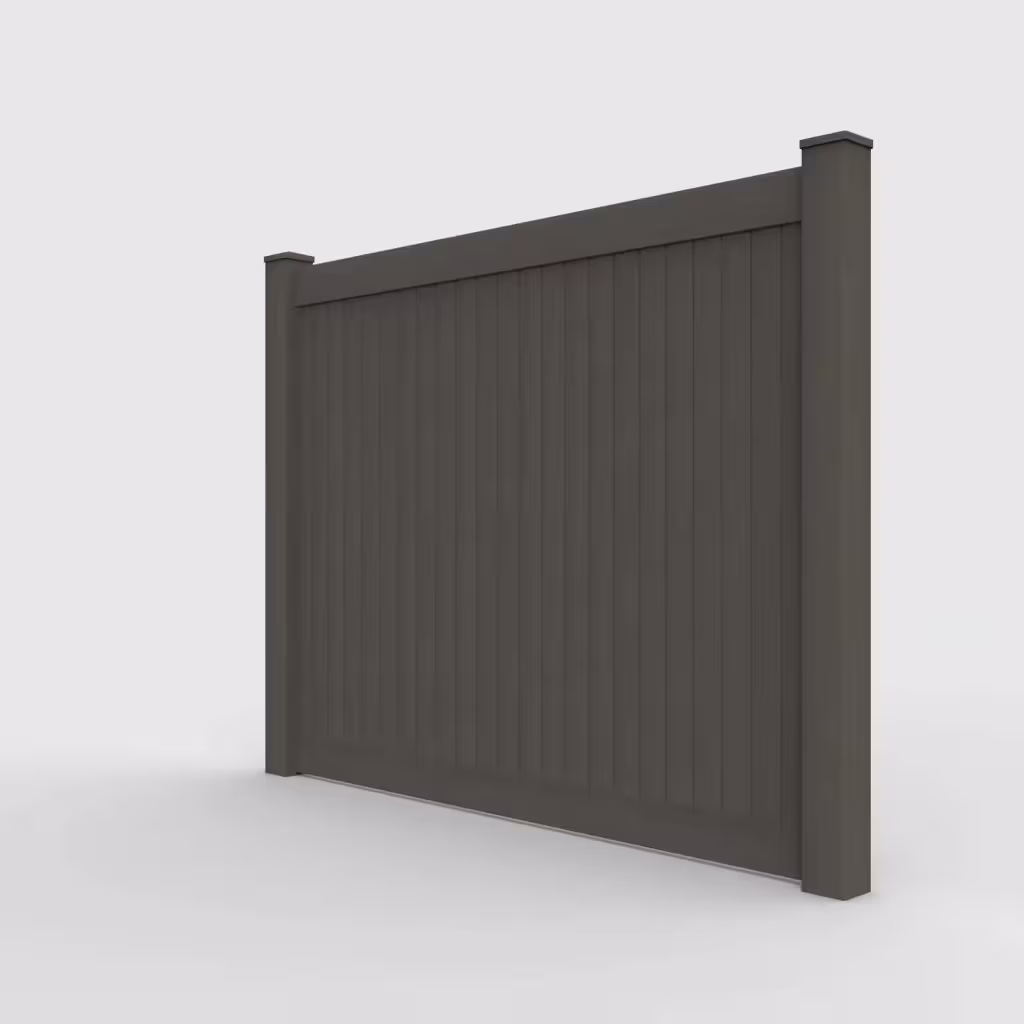 D. walnut vertical privacy 6 ft fence, left-side view