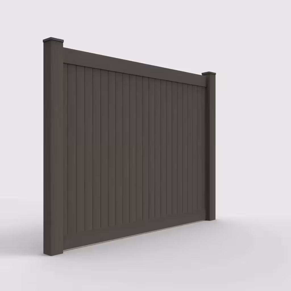 D. walnut vertical privacy 6 ft fence, right-side view