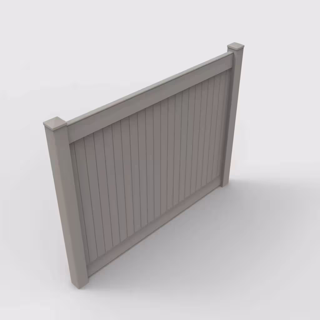 Gray vertical privacy 6 ft fence, isometric view