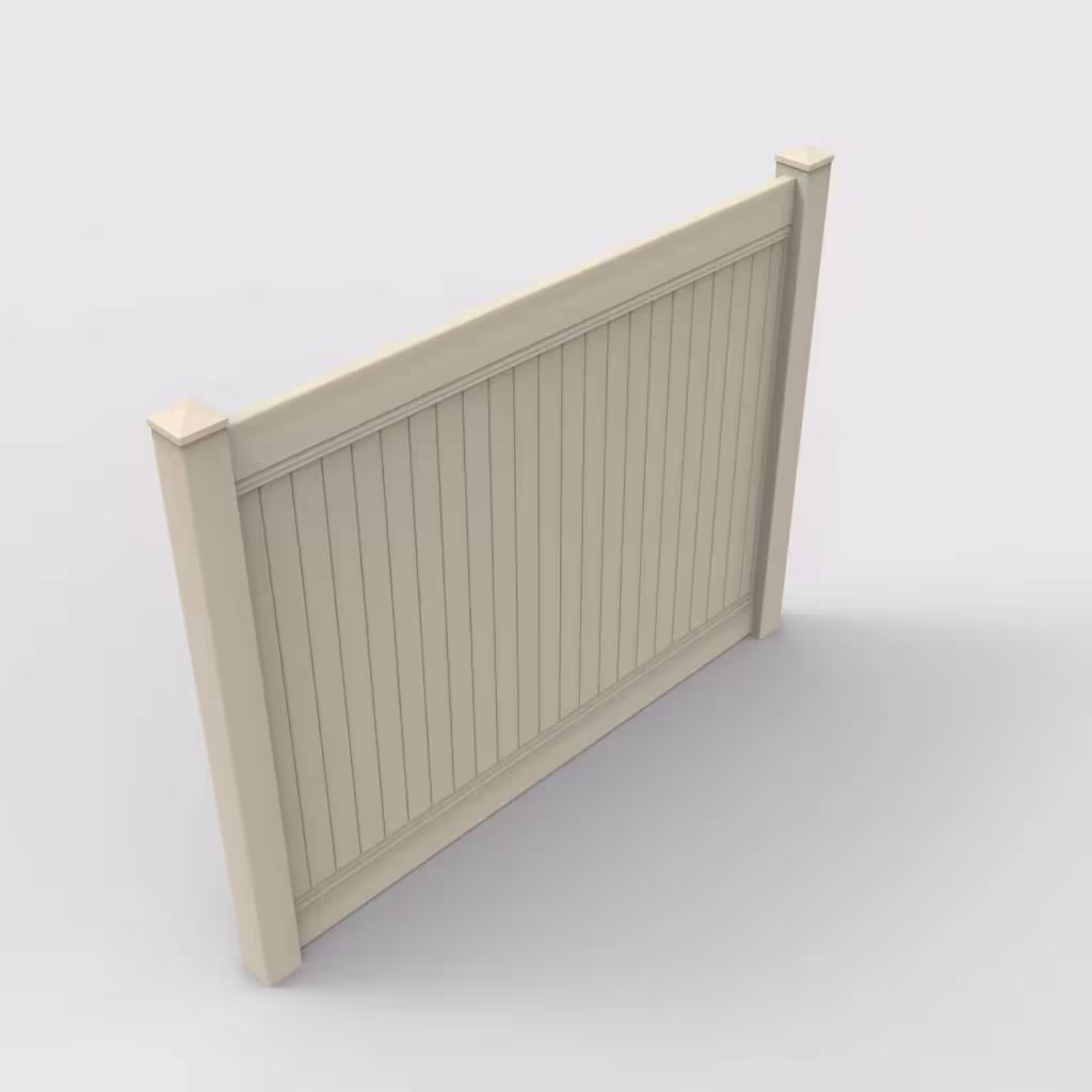 Tan vertical privacy 6 ft fence, isometric view
