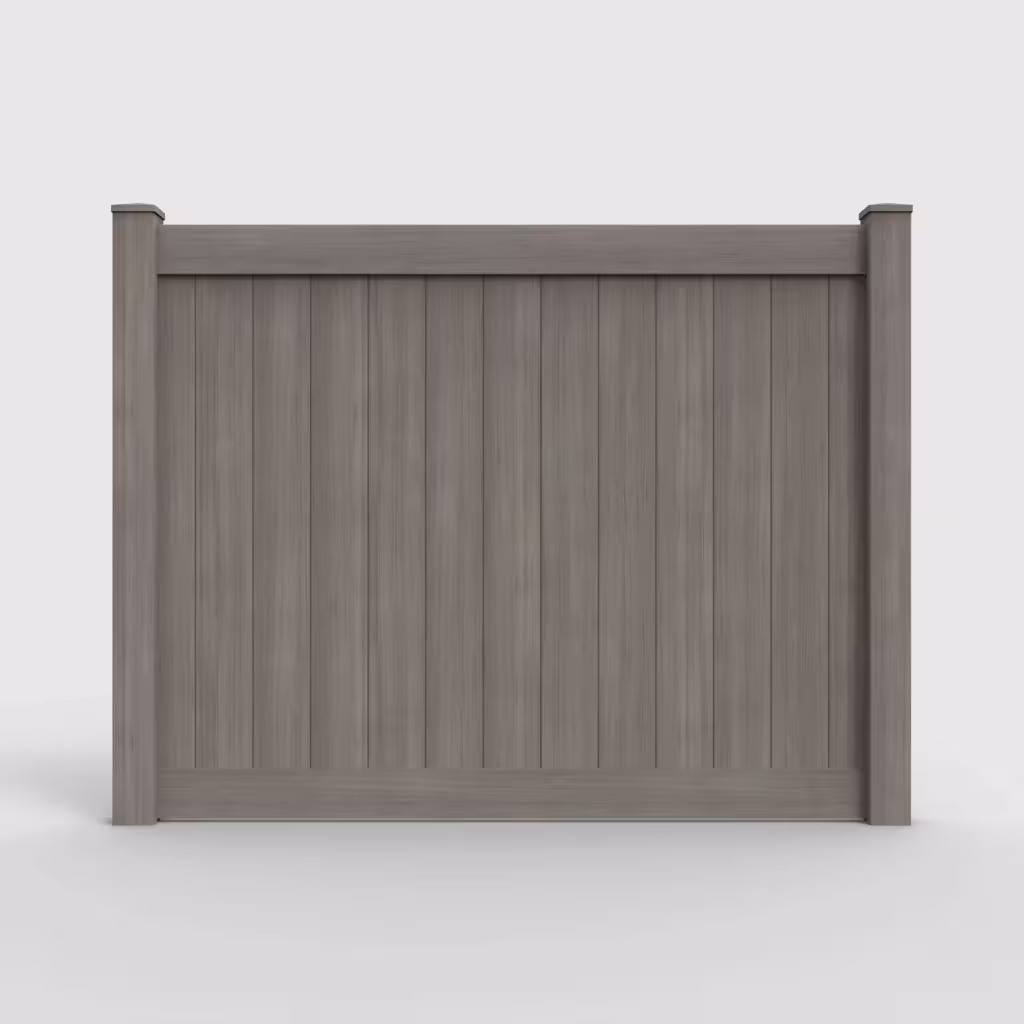 Weathered blend vertical privacy 6 ft fence, front view
