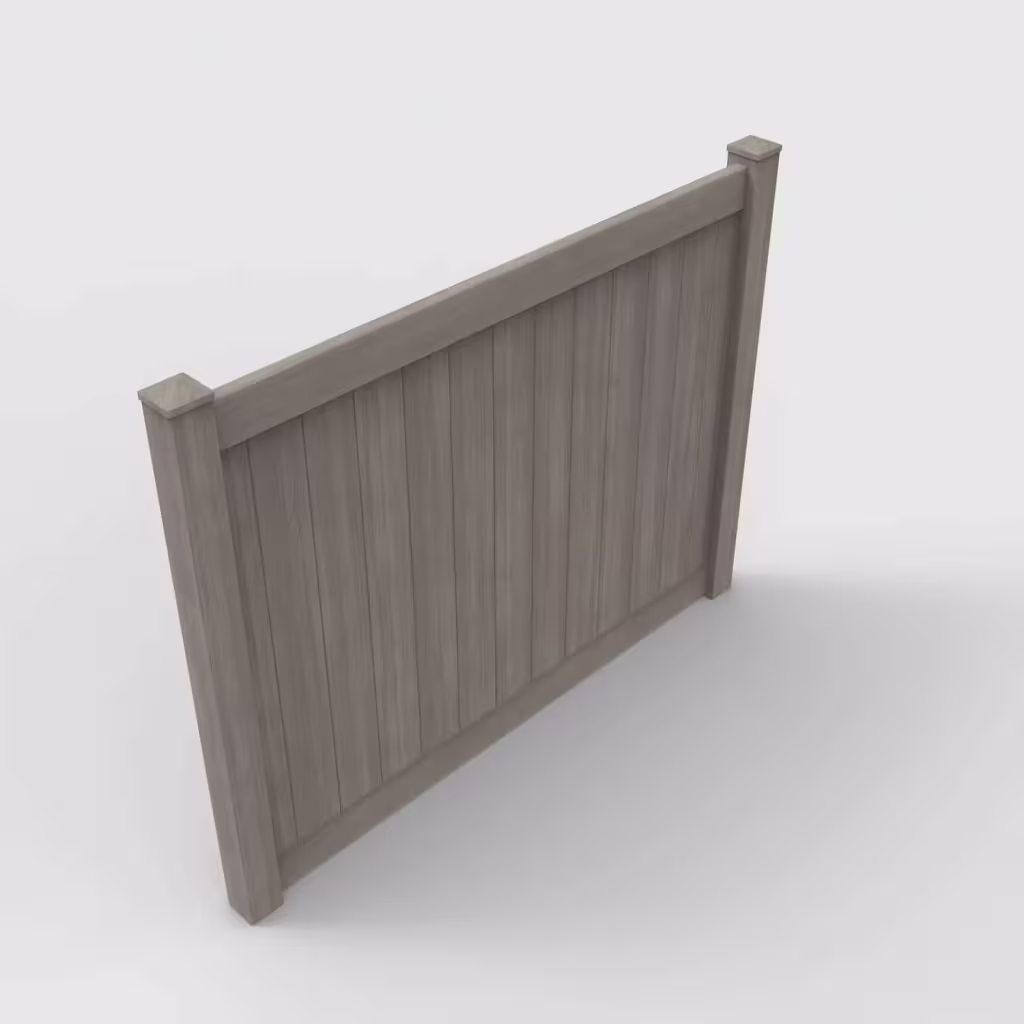 Weathered blend vertical privacy 6 ft fence, isometric view
