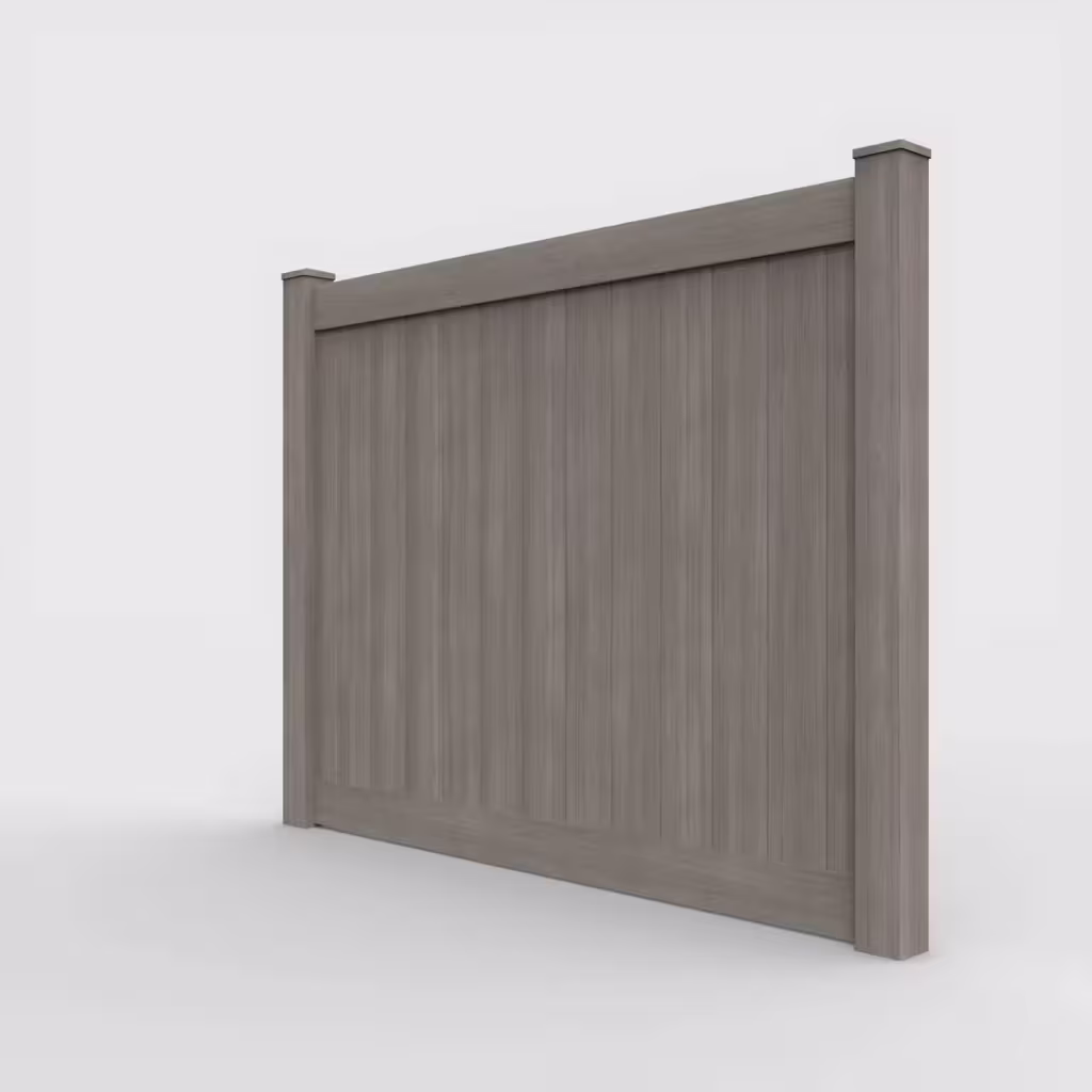 Weathered blend vertical privacy 6 ft fence, left-side view