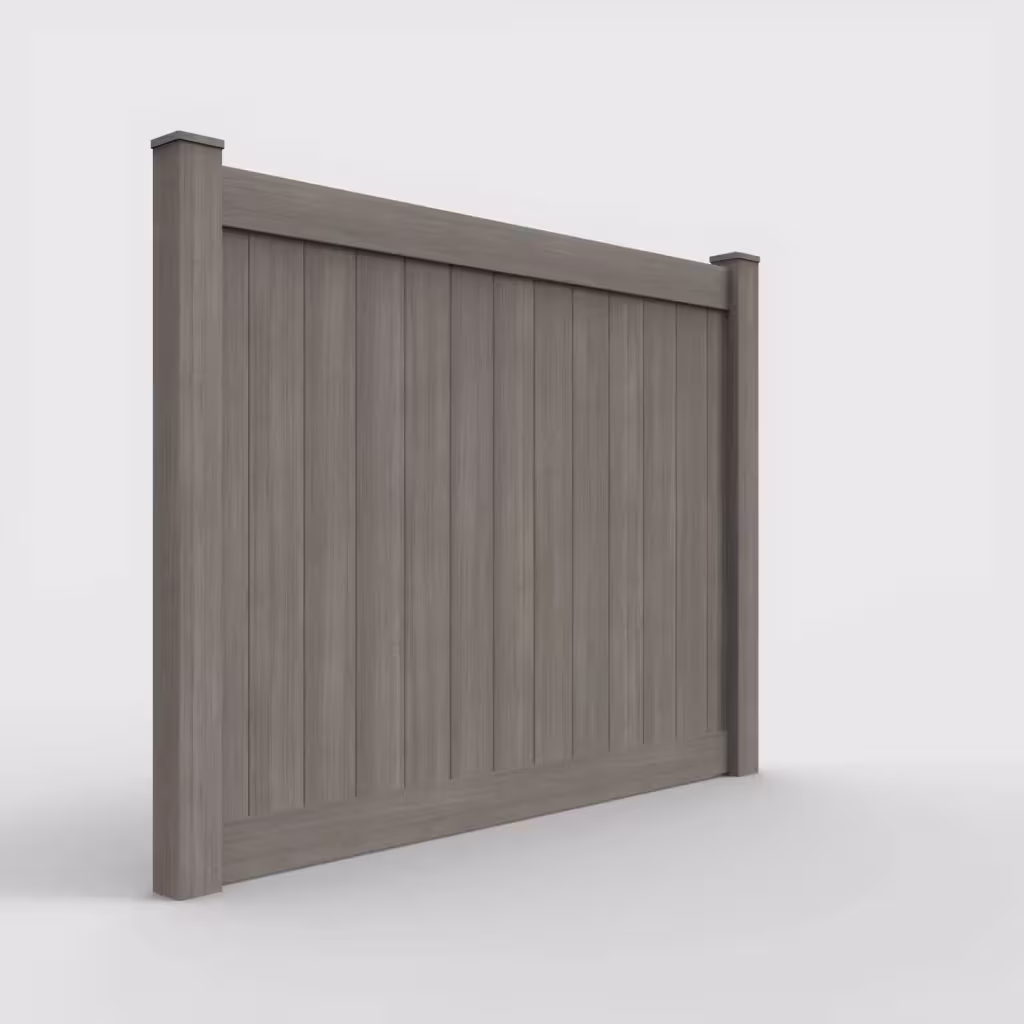 Weathered blend vertical privacy 6 ft fence, right-side view