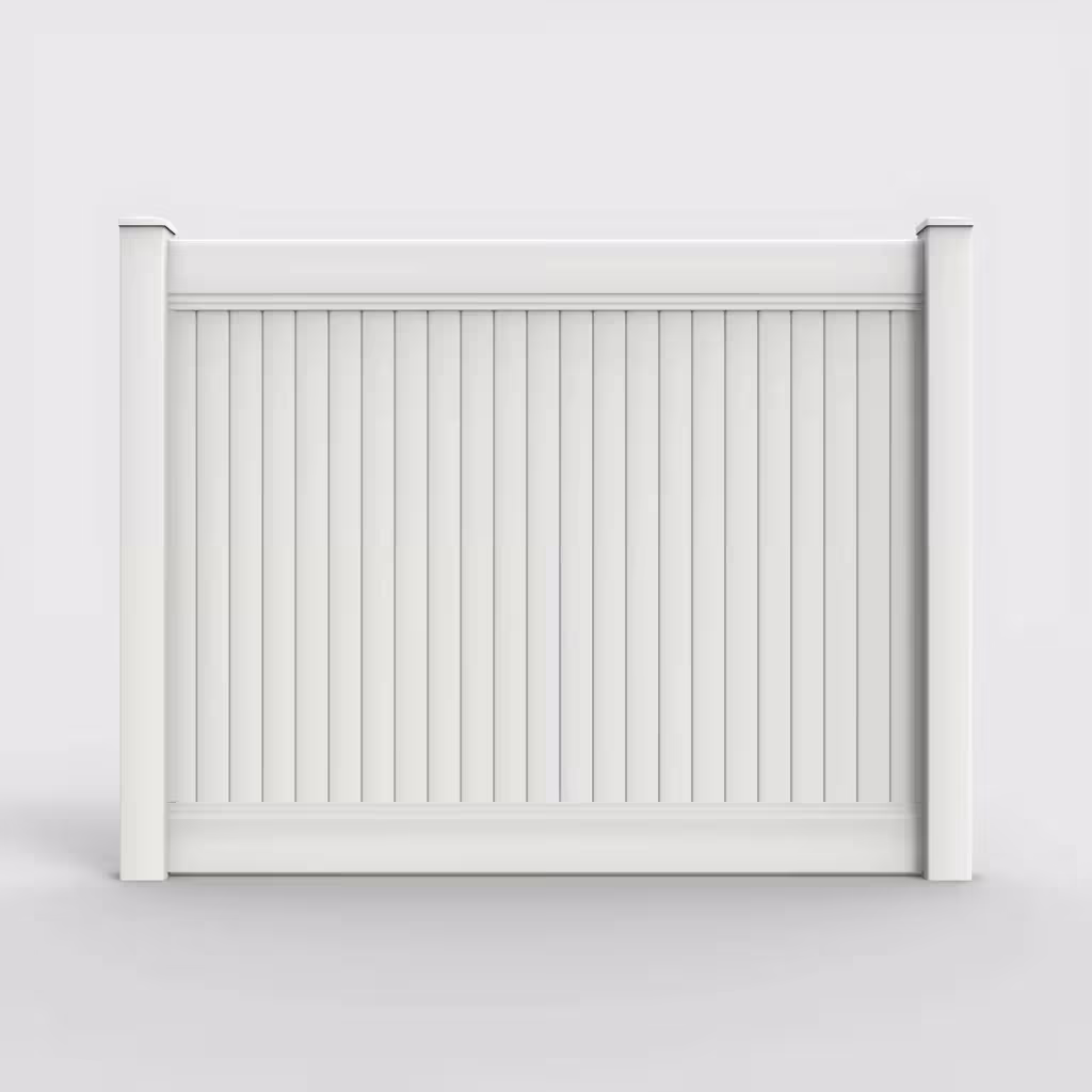 White vertical privacy 6 ft fence, front view