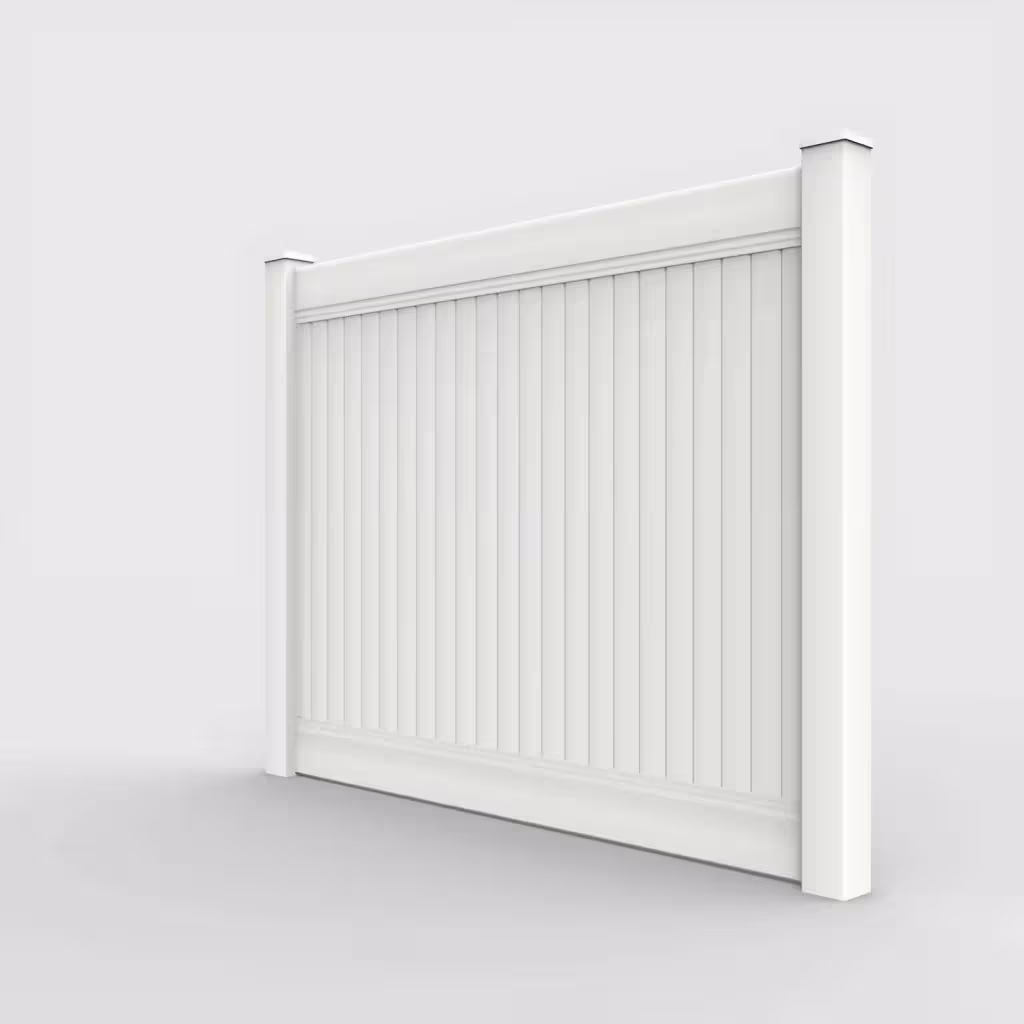 White vertical privacy 6 ft fence, left-side view