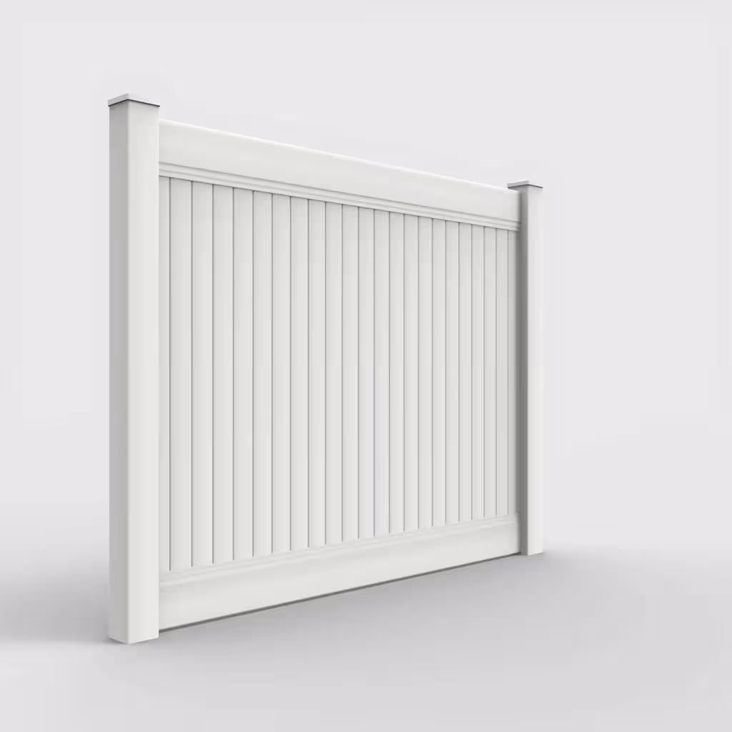 White vertical privacy 6 ft fence, right-side view