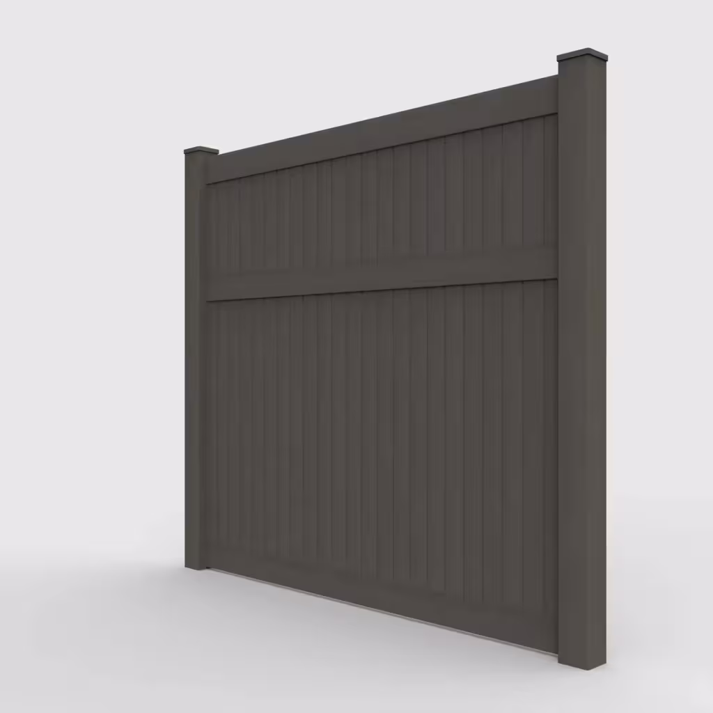 D. walnut vertical privacy 7 ft fence, left-side view