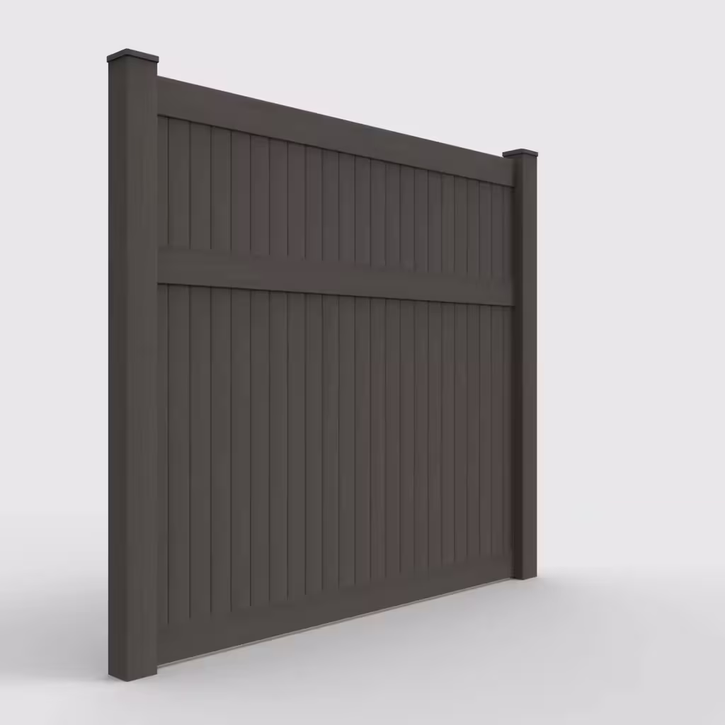 D. walnut vertical privacy 7 ft fence, right-side view