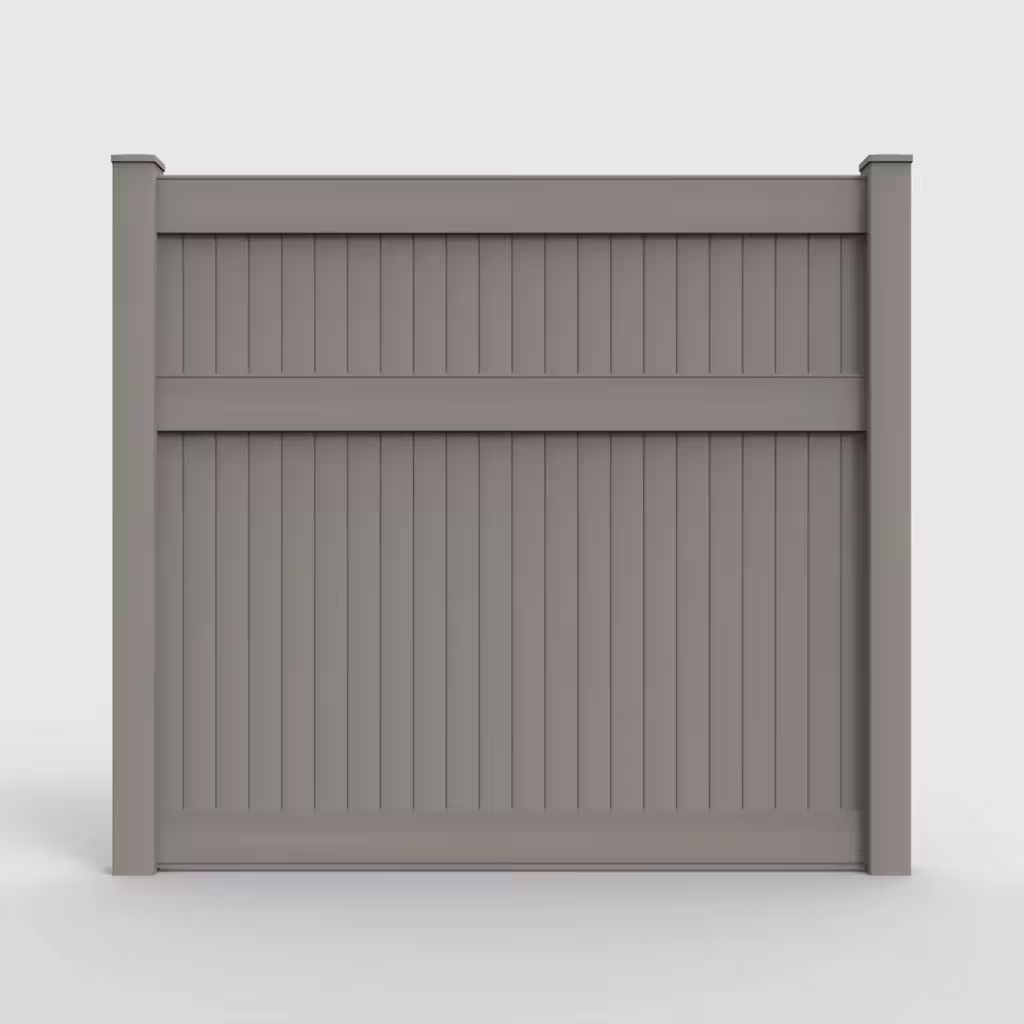 Gray vertical privacy 7 ft fence, front view