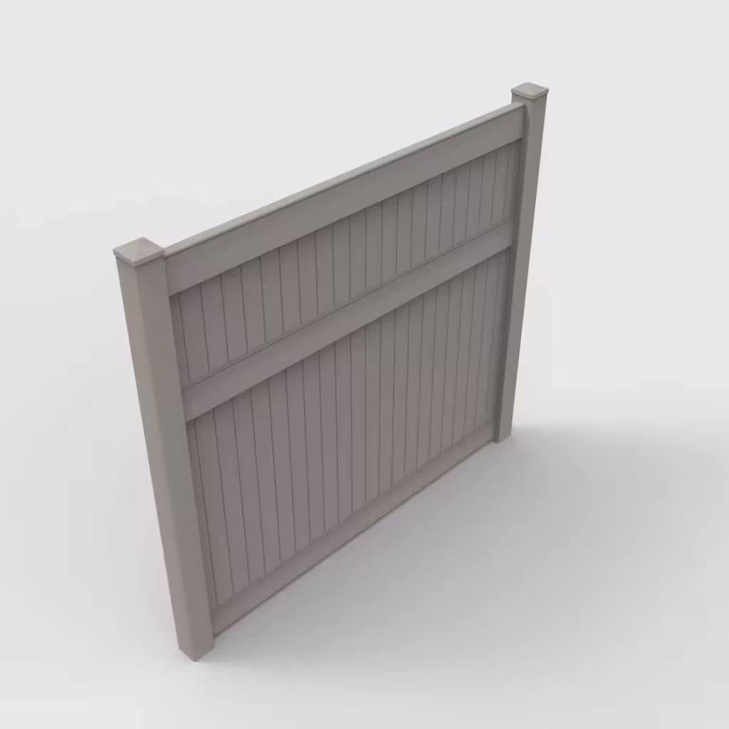 Gray vertical privacy 7 ft fence, isometric view