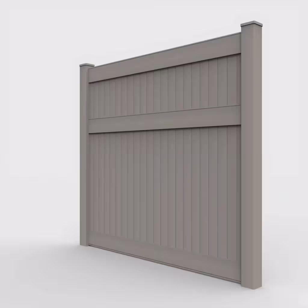 Gray vertical privacy 7 ft fence, left-side view