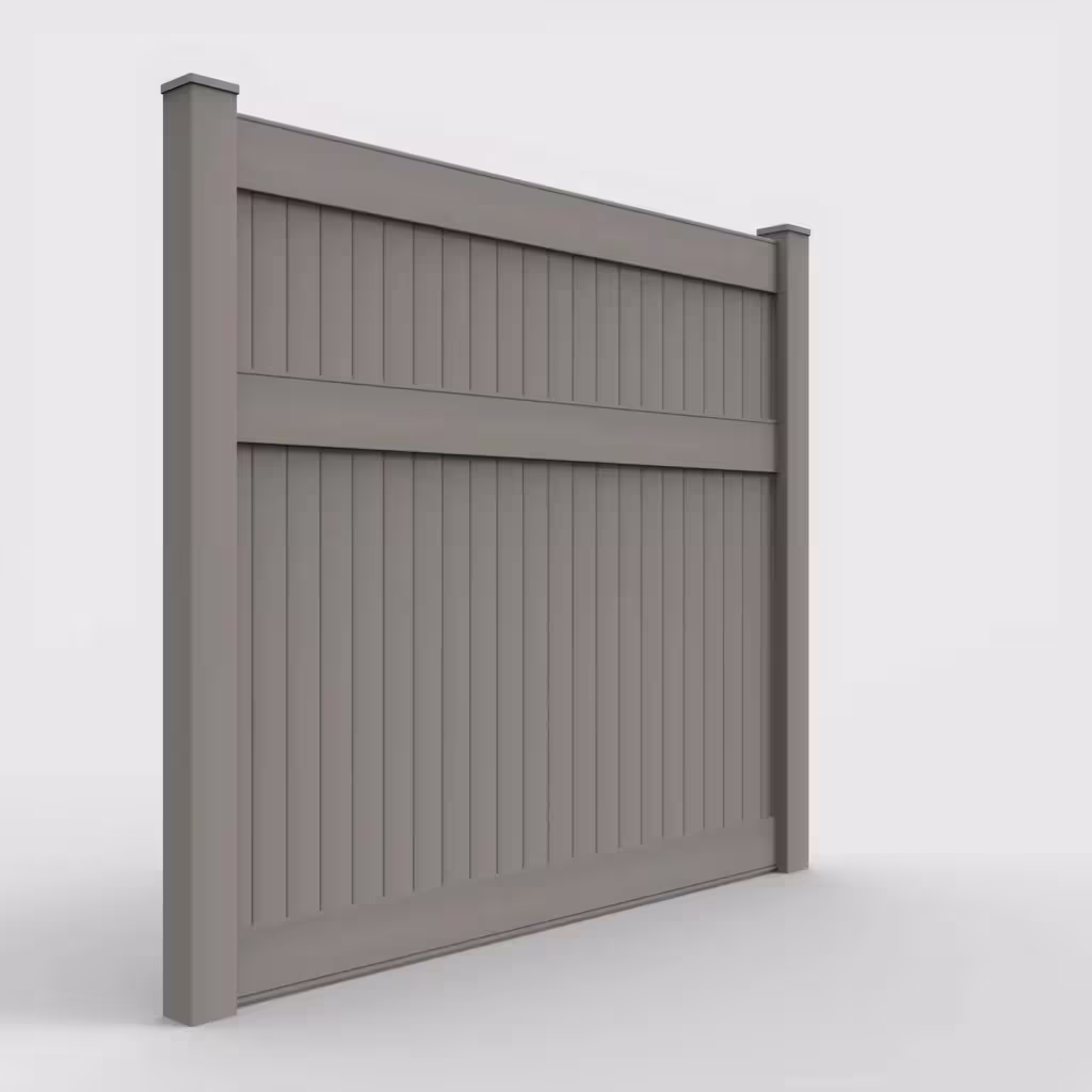 Gray vertical privacy 7 ft fence, right-side view