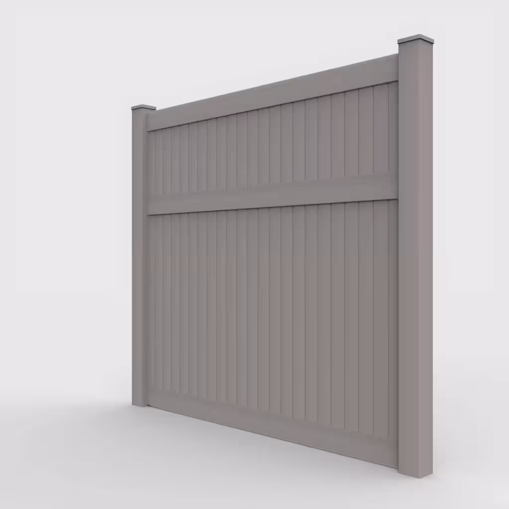 Slate gray vertical privacy 7 ft fence, left-side view