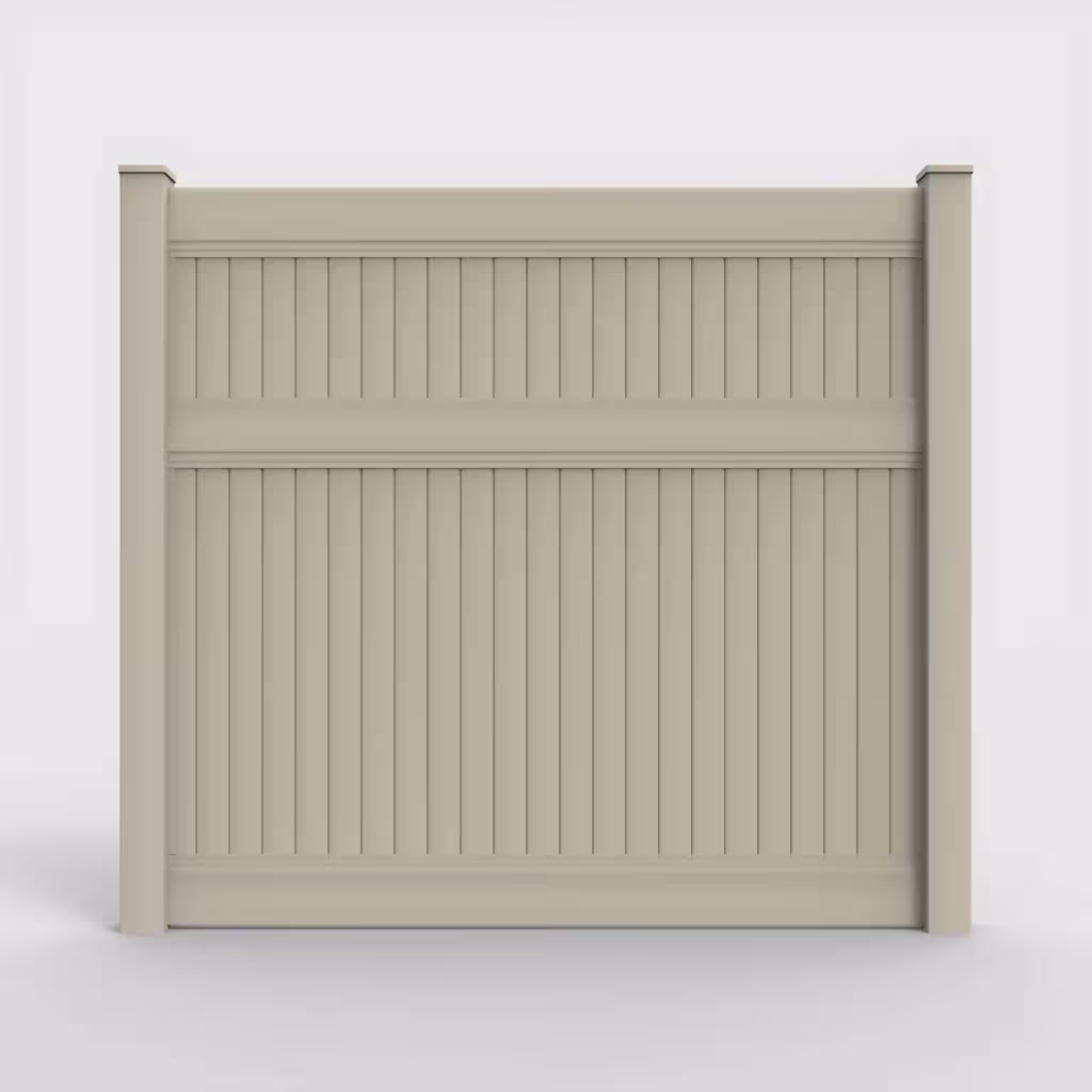 Tan vertical privacy 7 ft fence, front view