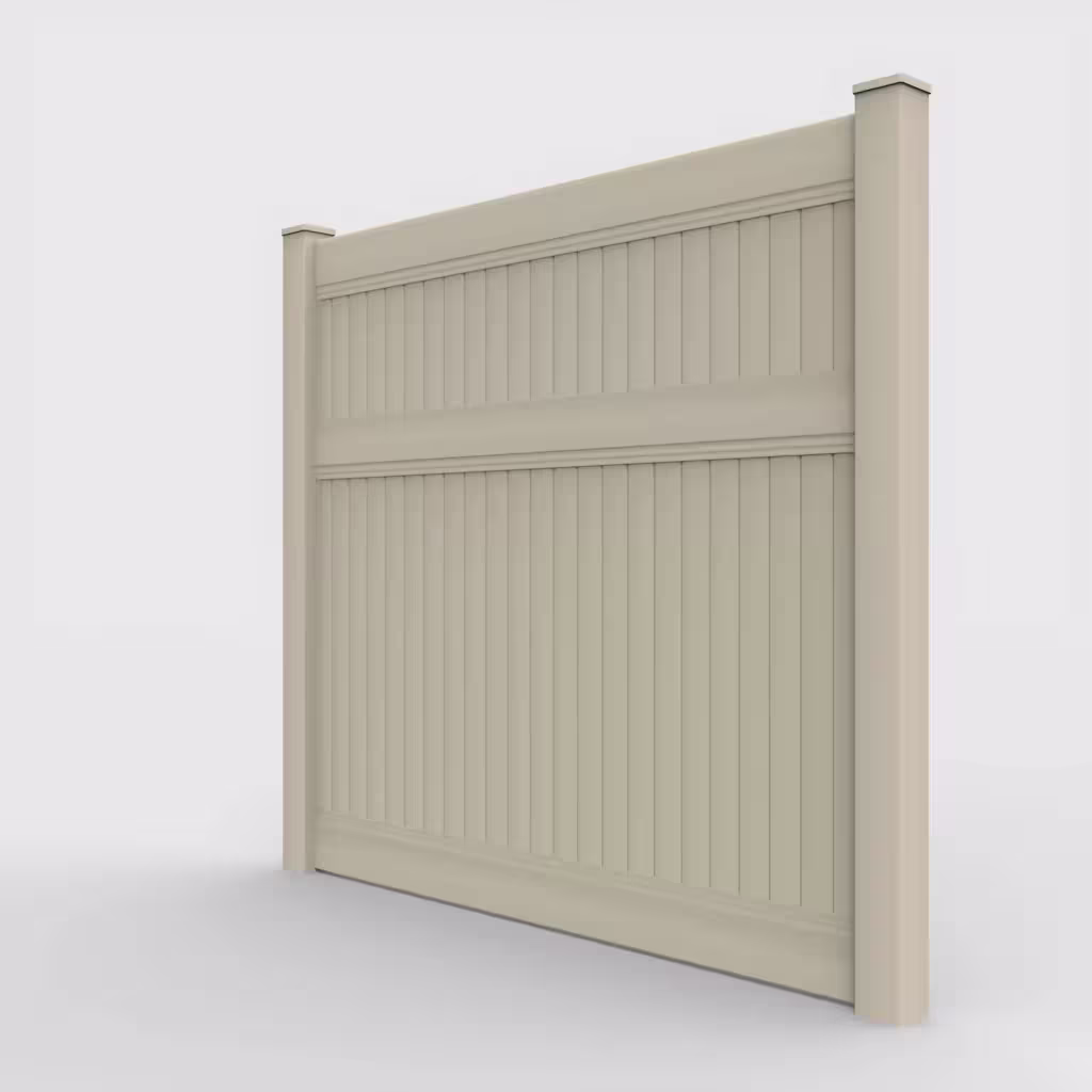 Tan vertical privacy 7 ft fence, left-side view