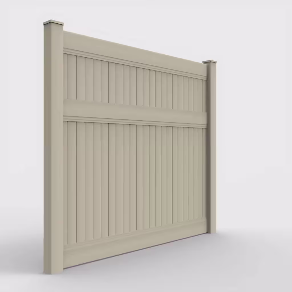 Tan vertical privacy 7 ft fence, right-side view
