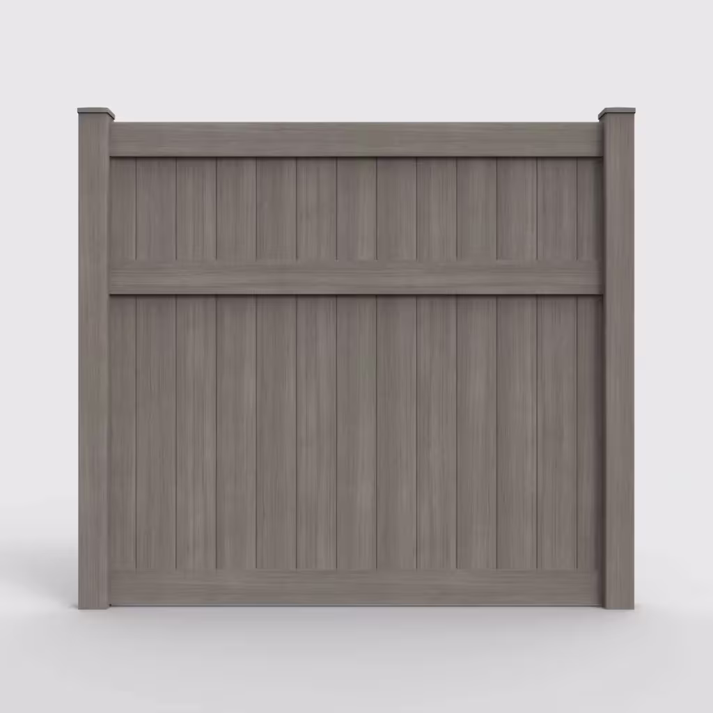 Weathered blend vertical privacy 7 ft fence, front view