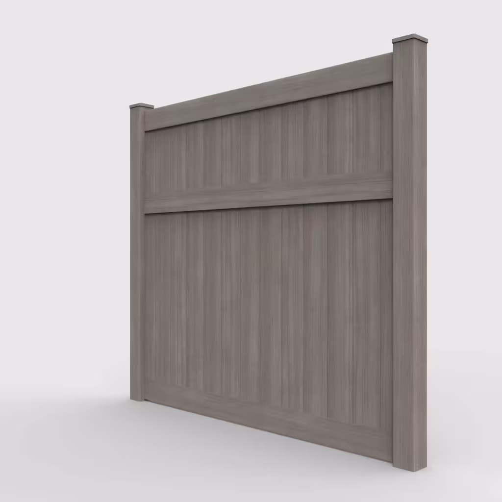 Weathered blend vertical privacy 7 ft fence, left-side view