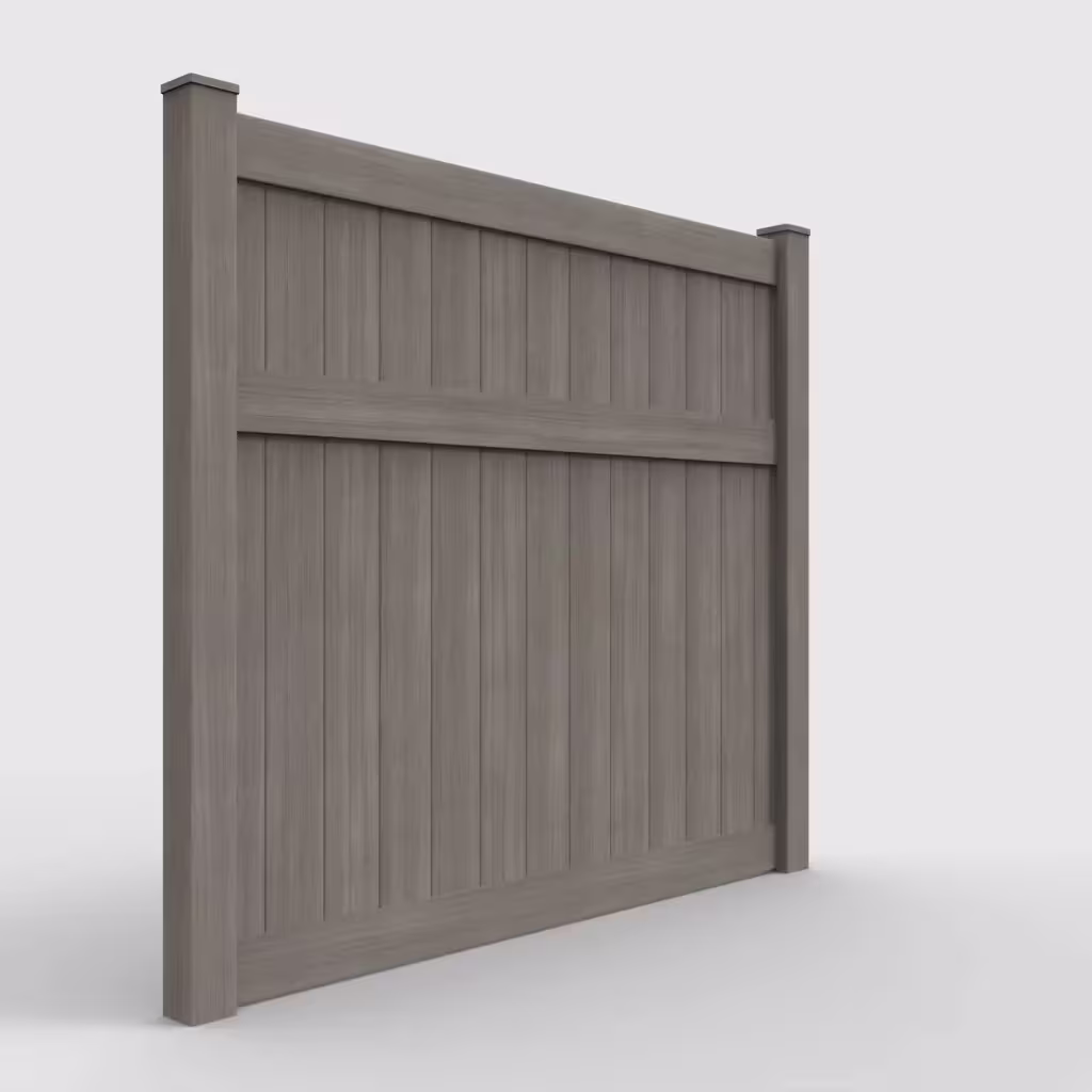 Weathered blend vertical privacy 7 ft fence, right-side view