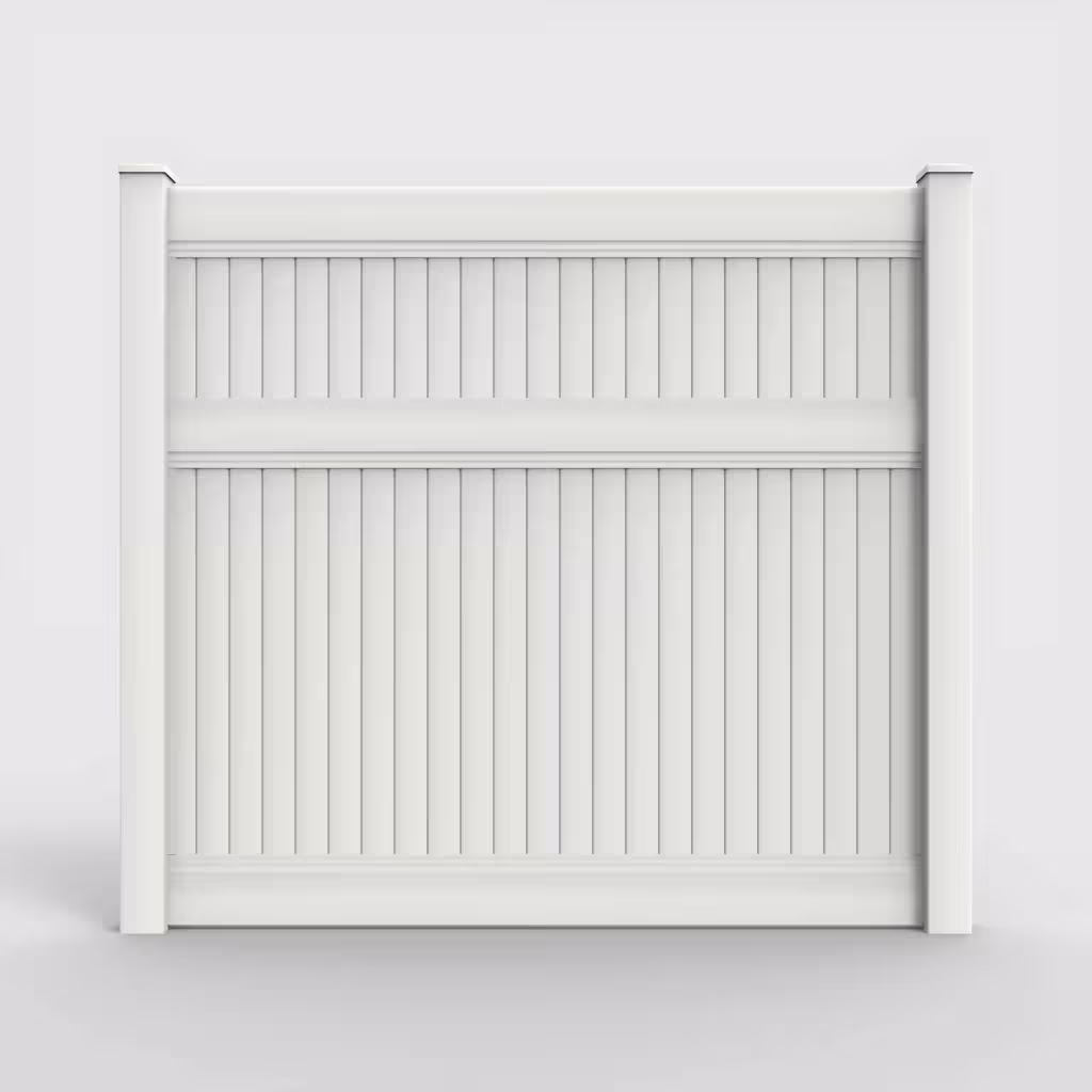White vertical privacy 7 ft fence, front view