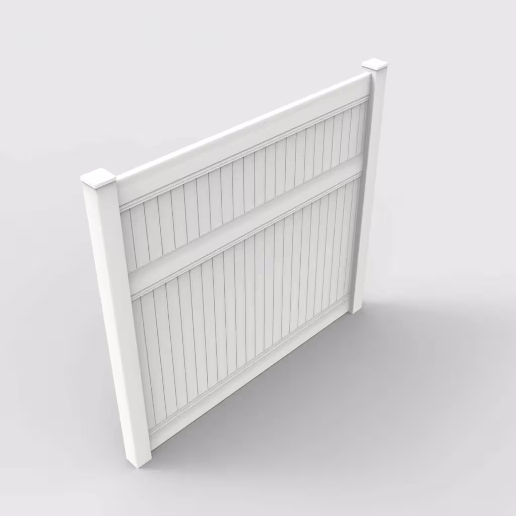 White vertical privacy 7 ft fence, isometric view