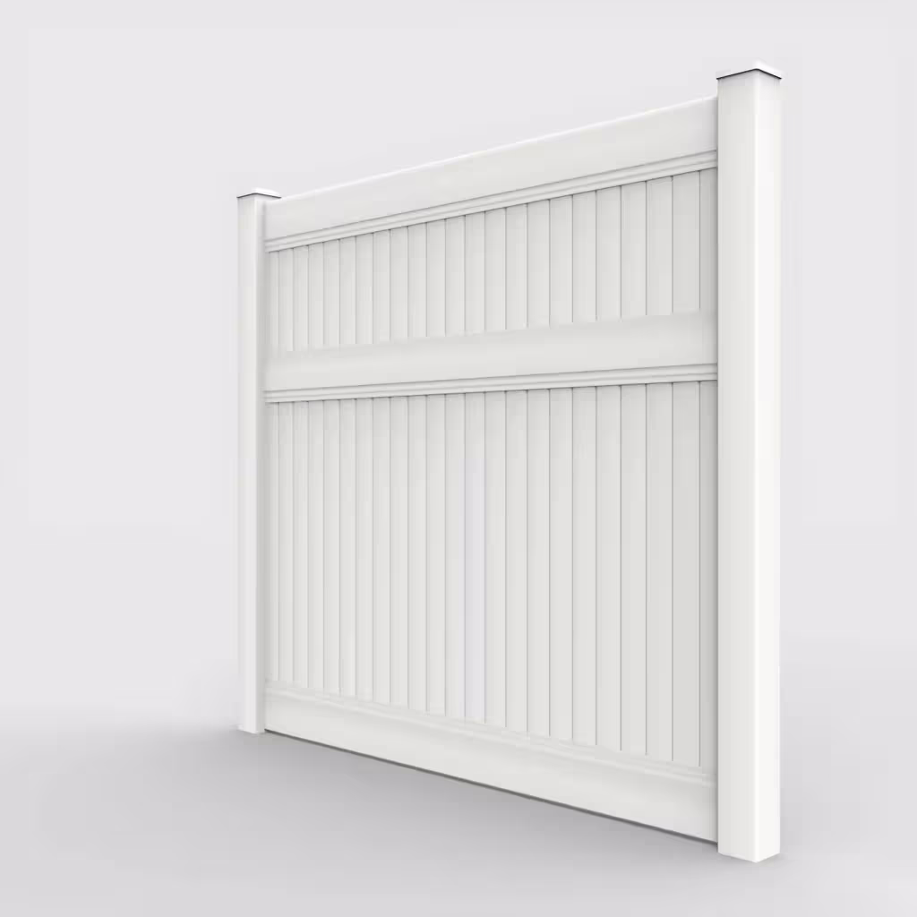 White vertical privacy 7 ft fence, left-side view
