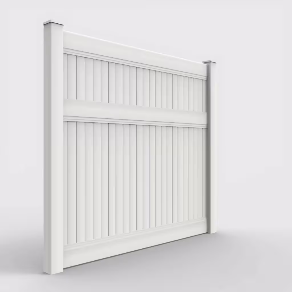 White vertical privacy 7 ft fence, right-side view